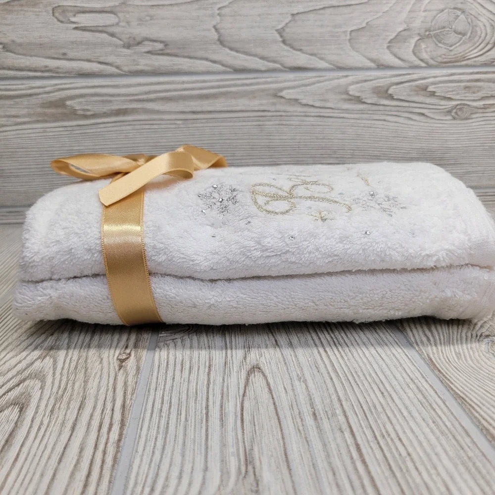 2 Believe‎ White Hand Towel Embroidered Snowflake Rhinestone Gold Ribbon Holiday